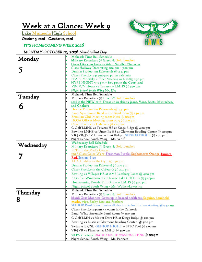 A schedule for Week 9 at Lake Mohawk High School, featuring daily activities and events, with a green hawk logo.