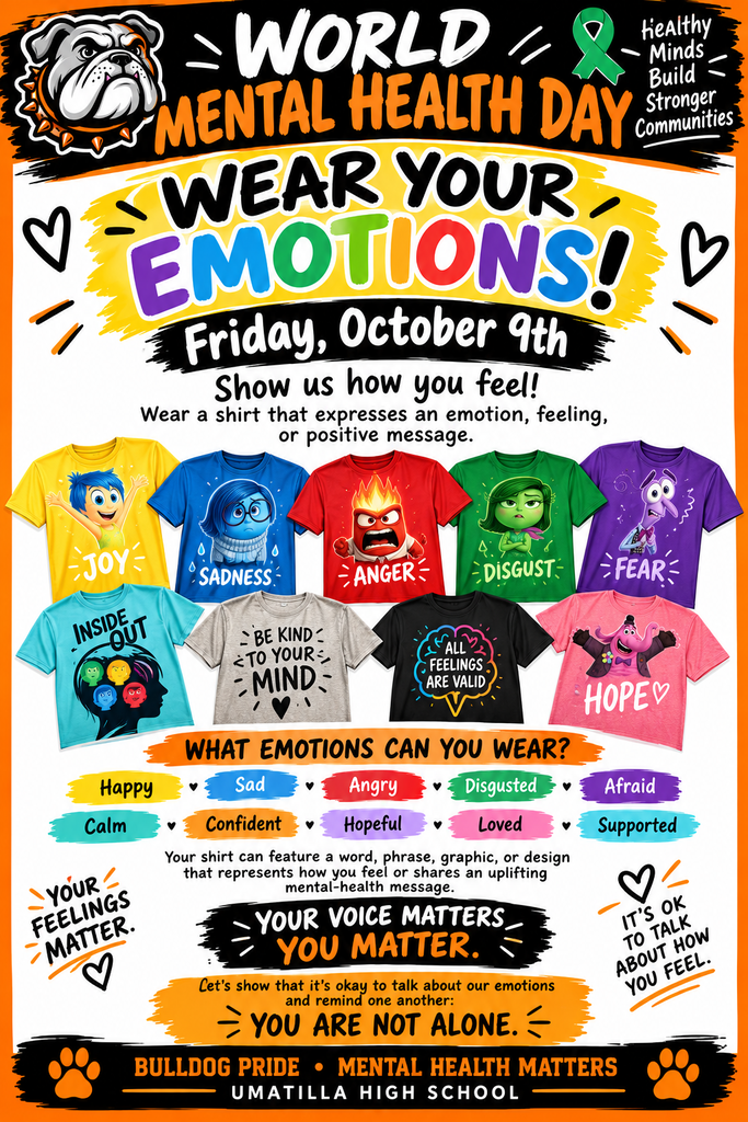 A poster features a row of diverse shirts with emotion-themed designs. The bottom has a phrase, "Wear Your Emotions!" and "Your Voice Matters".