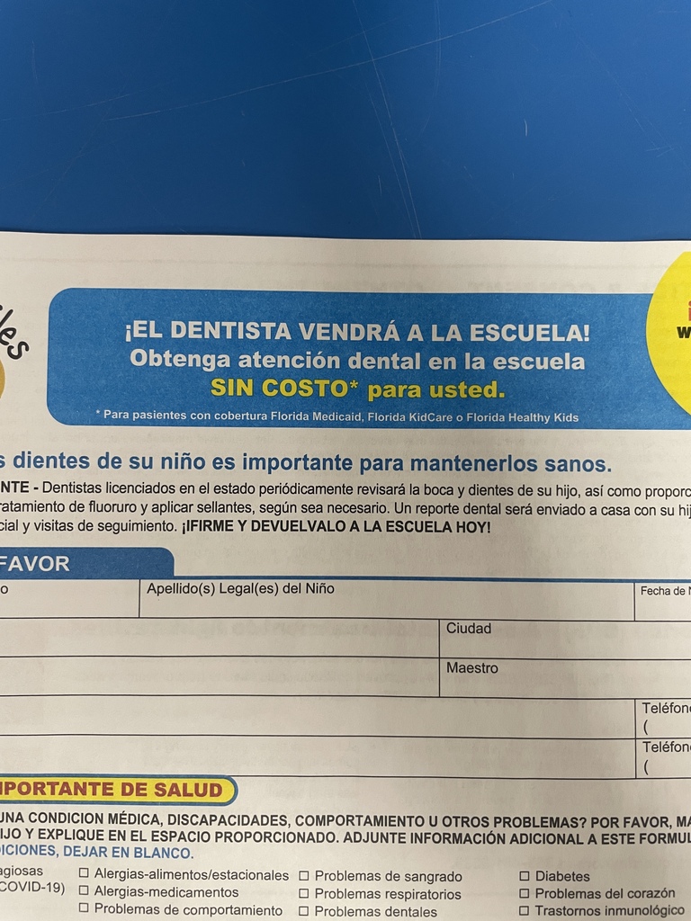 A document with text in both English and Spanish, including sections like "Obtengan atencion dental" and "Importante de Salud" against a yellow and blue background.