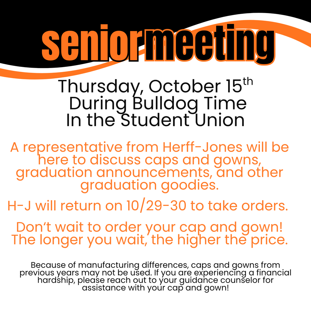A poster displays information about a senior meeting, with dates and times. The poster has a black and white background.
