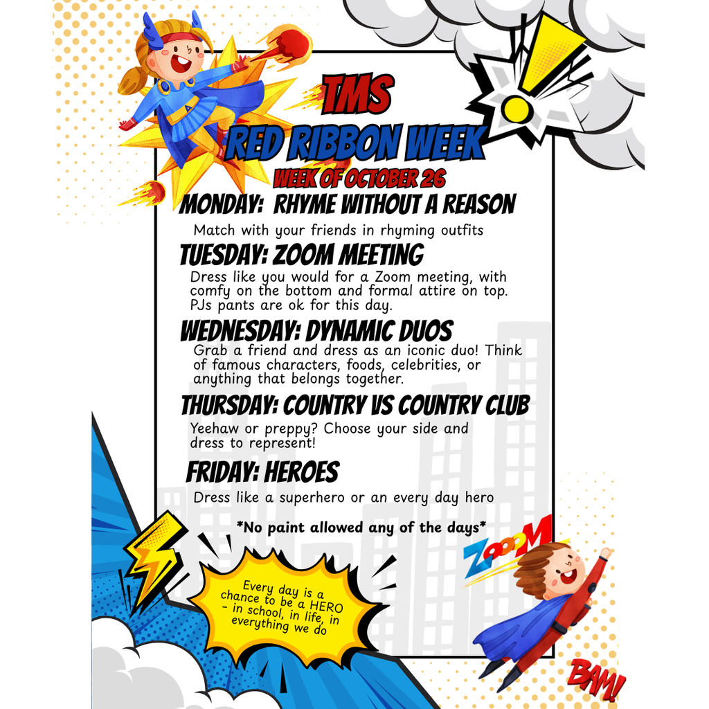 Bright, colorful poster. It has text for Red Ribbon Week with activities such as rhyming outfits, Zoom meetings, and duos.