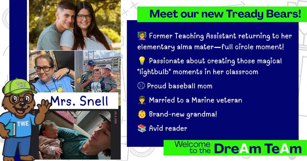 A photo of Mrs. Snell and her family, introducing and welcoming her back to the Treadway Elementary family