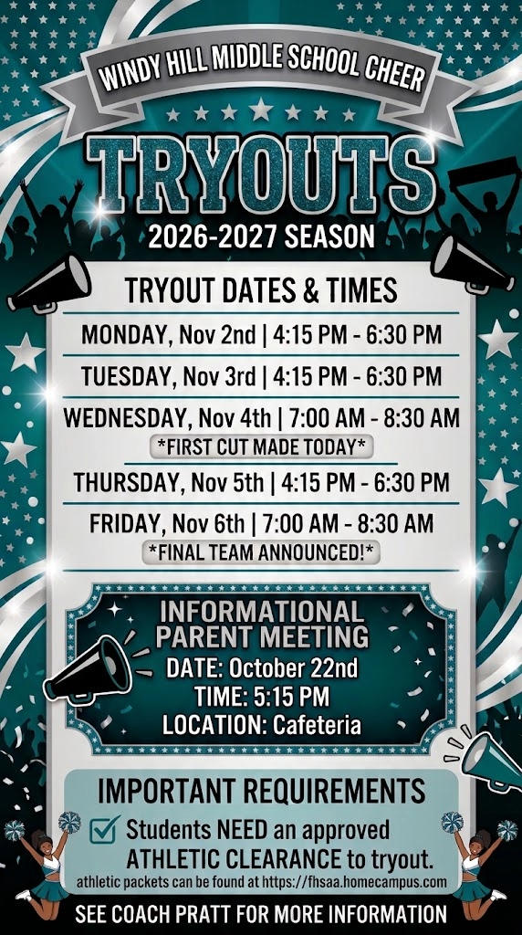 cheer tryouts begin November 2nd after school at 4:15pm 