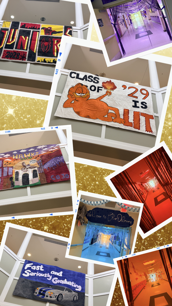 Collage of posters and banners from a school hallway. Banners include "Class of '29" and "Fast and Seriously Graduating."