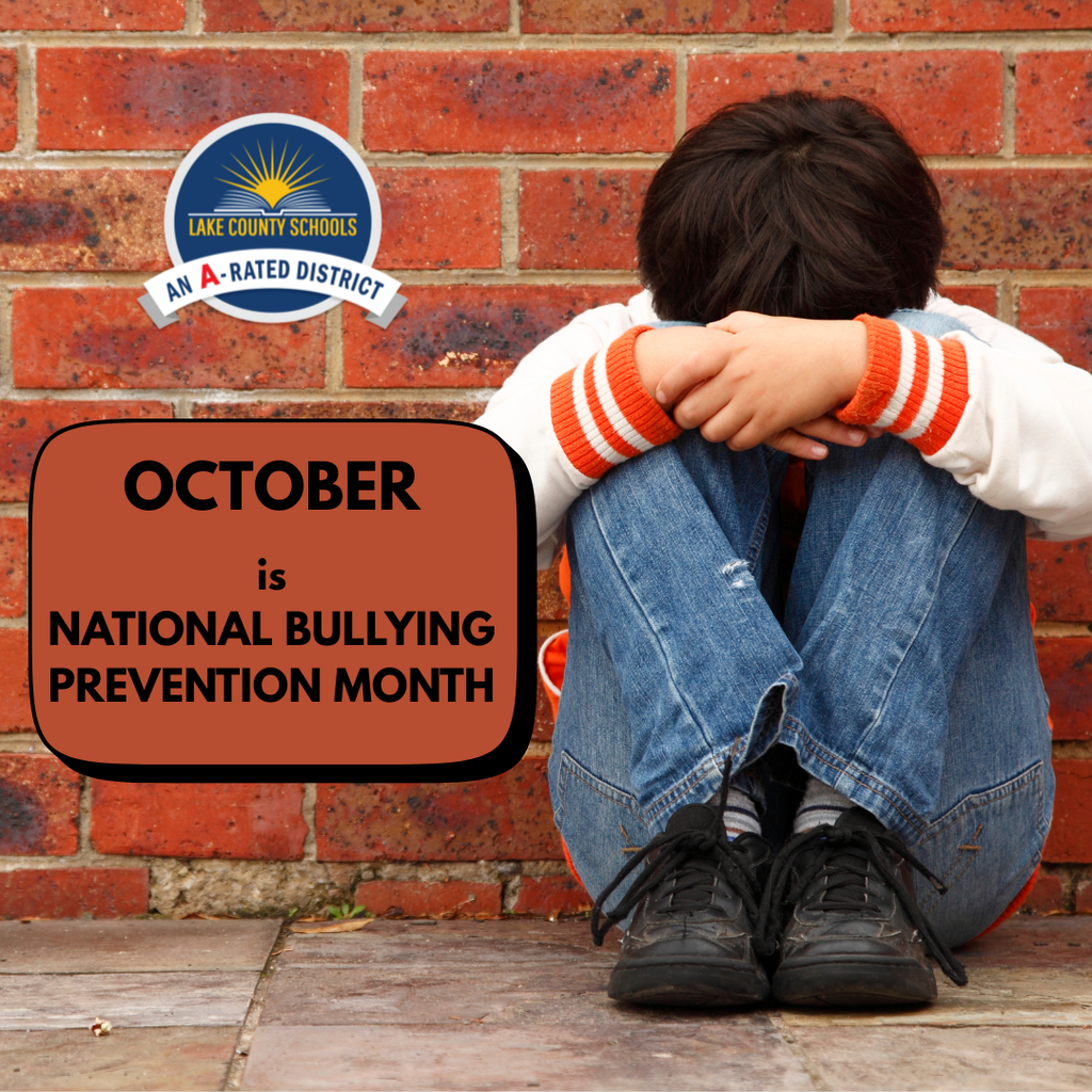 Child sitting against a brick wall, head in hands. Text reads "OCTOBER is NATIONAL BULLYING PREVENTION MONTH".