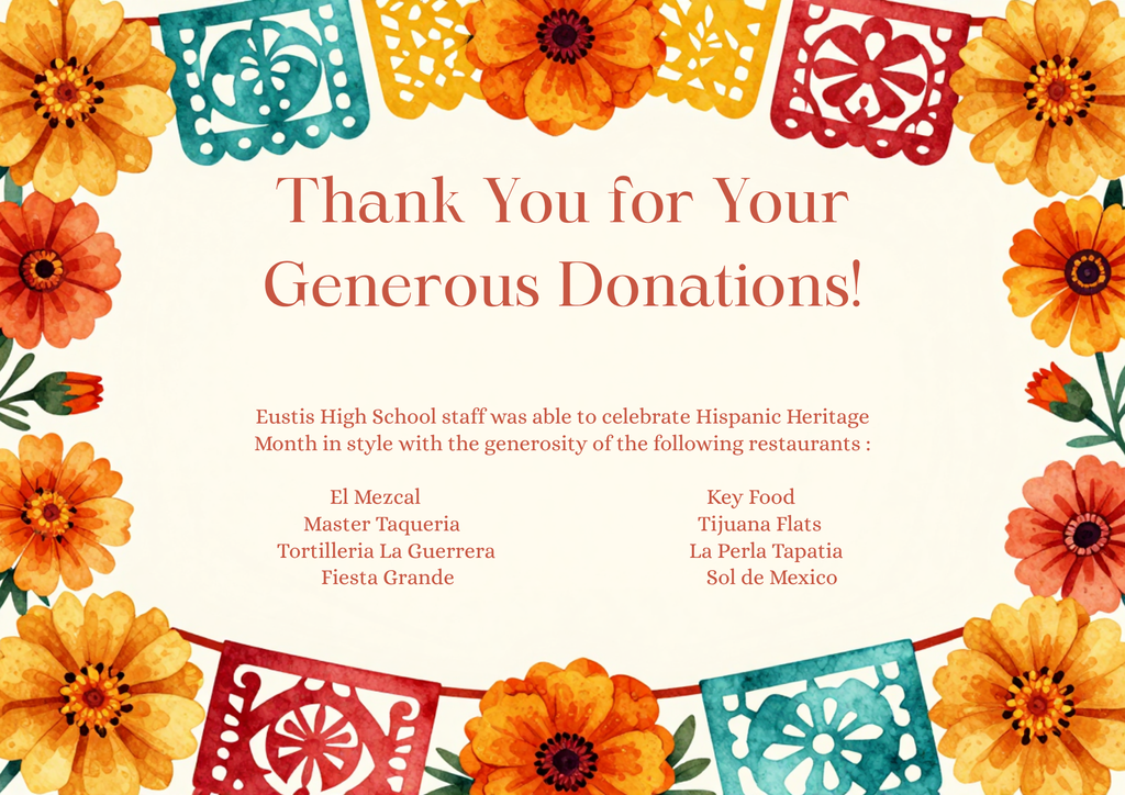 A floral border frames a message: "Thank You for Your Generous Donations!" with restaurants' names and their dishes listed below.