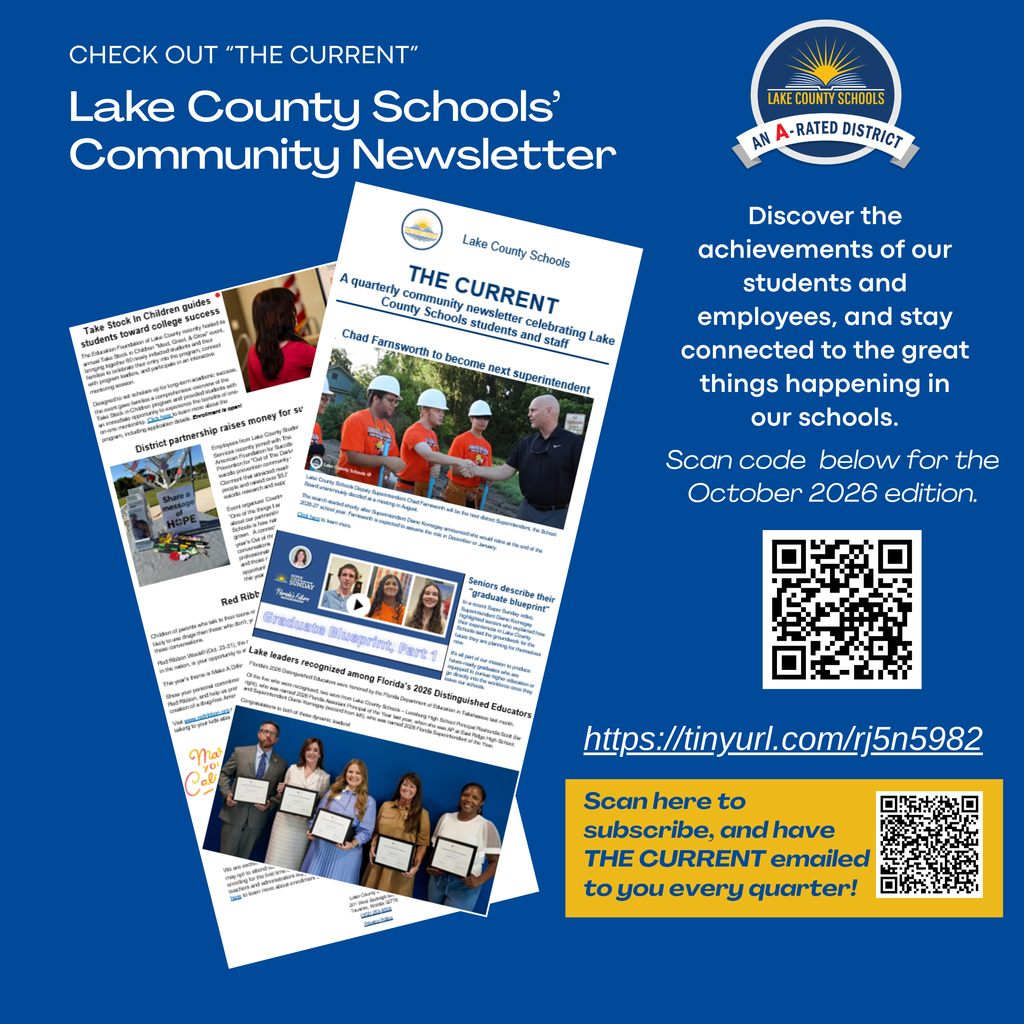 Lake County Schools' newsletter on a blue background with text, images of staff and students, and QR codes for scanning.