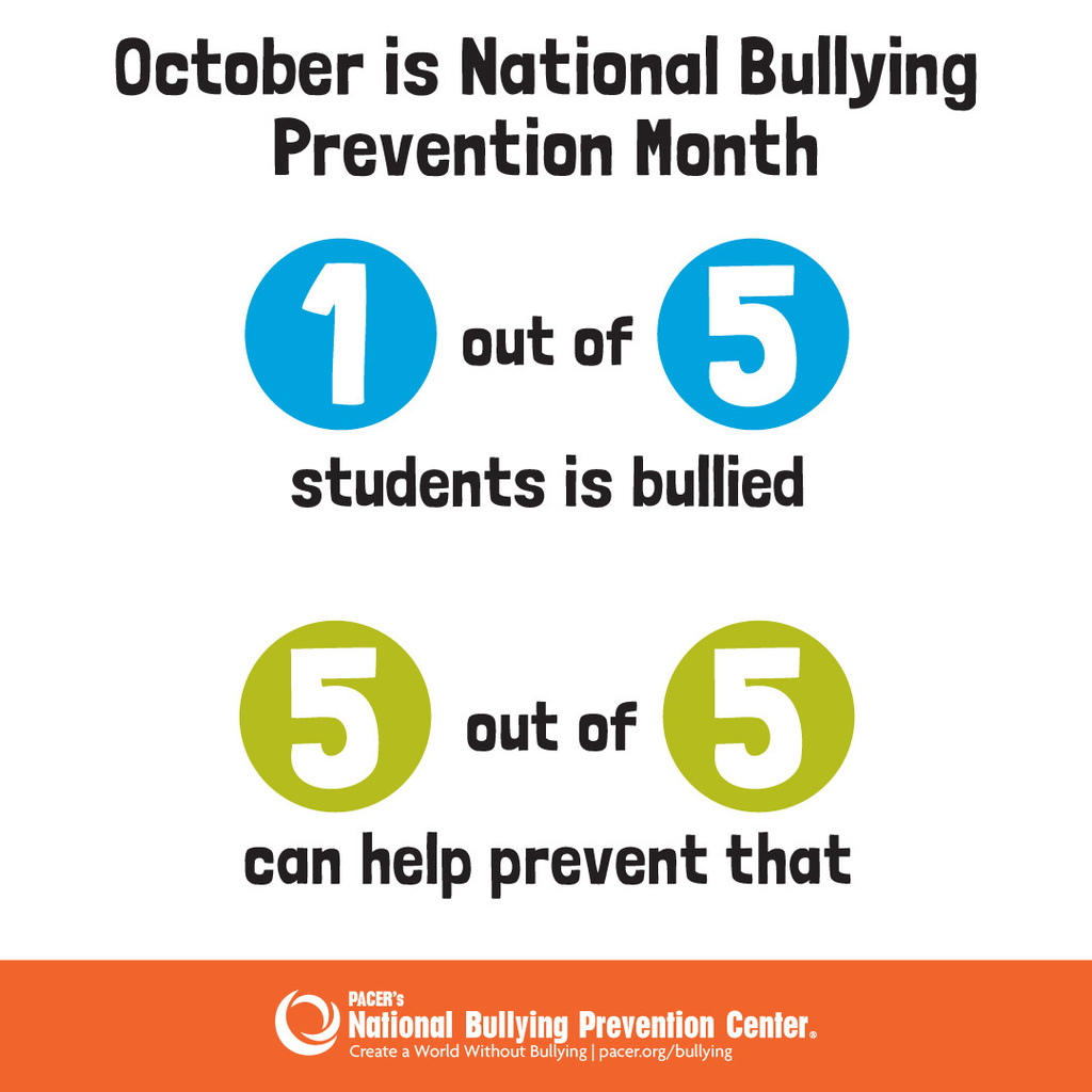 Infographic highlighting statistics about bullying. It reads "October is National Bullying Prevention Month".