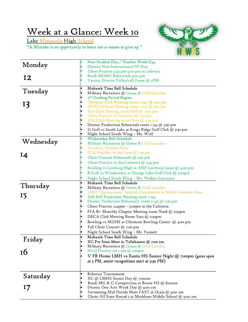 A schedule for Week 10 displays days from Monday to Saturday. Dates are shown as 12, 13, 14, 15, 16, and 17. The word "HAWKS" is displayed on the top right.