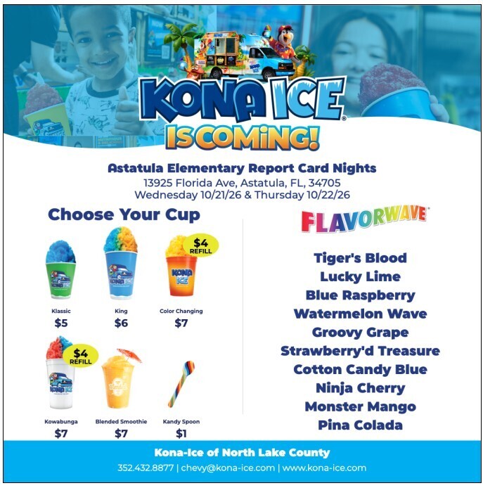 An advertisement for Kona Ice is coming, featuring two children and a variety of ice cream flavors.