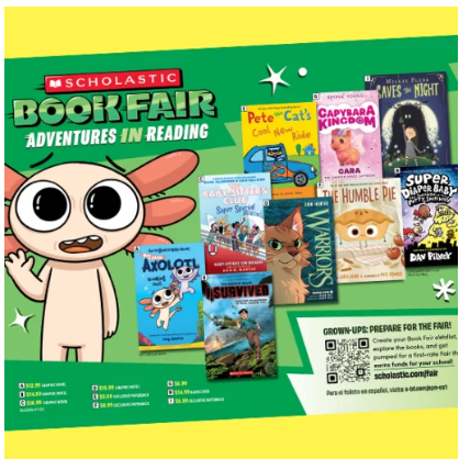 A poster displays a cartoon character and multiple books. Titles include "Pete the Cat" and "Super Duper Bailey".