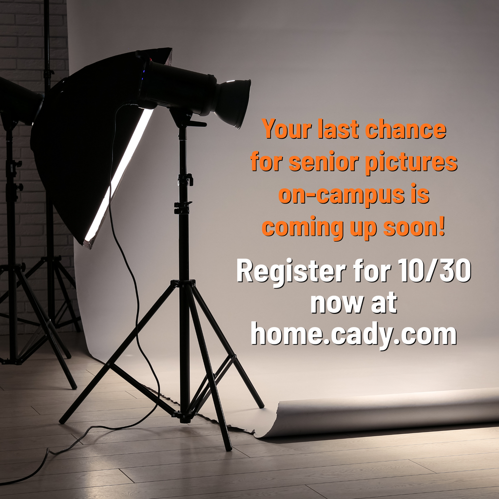 Bright light on tripod in room with white backdrop. Orange text overlay reads, "Your last chance for senior pictures on-campus is coming up soon!"