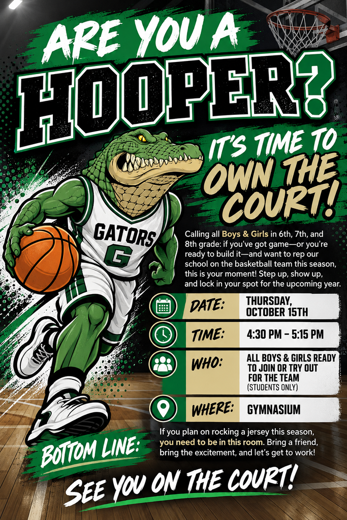 A poster featuring a cartoon alligator in a basketball uniform holding a basketball. Text reads, "ARE YOU A HOOPER? IT'S TIME TO OWN THE COURT!"