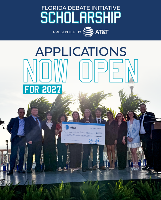 People on a stage holding a large check. A sign reads "APPLICATIONS NOW OPEN FOR 2027" and "FLORIDA DEBATE INITIATIVE SCHOLARSHIP PRESENTED BY AT&T".