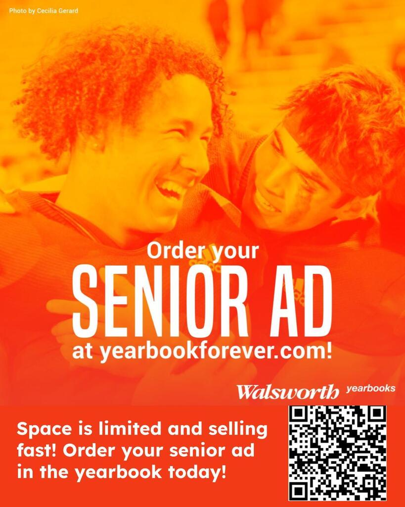 Advertisement for yearbook senior ads. Two smiling people, one wearing a red shirt, with a QR code and website link.