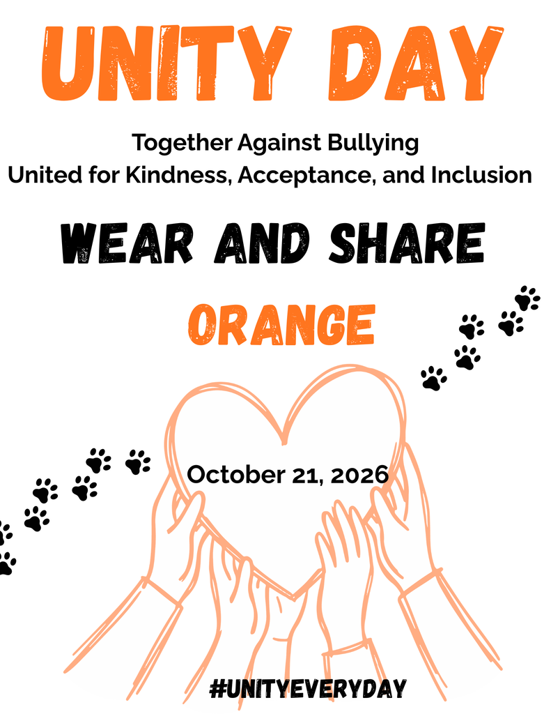 An orange poster featuring hands holding a heart with "UNITY DAY" above it. Below, "Wear and Share Orange" is written.