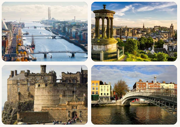 Four photos: a river with a bridge, a city skyline, a castle, and a bridge over water.