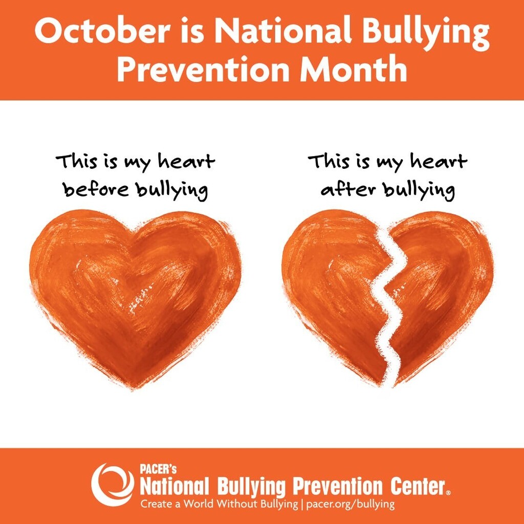 Poster with a heart split in half and text "October is National Bullying Prevention Month" in orange and white.