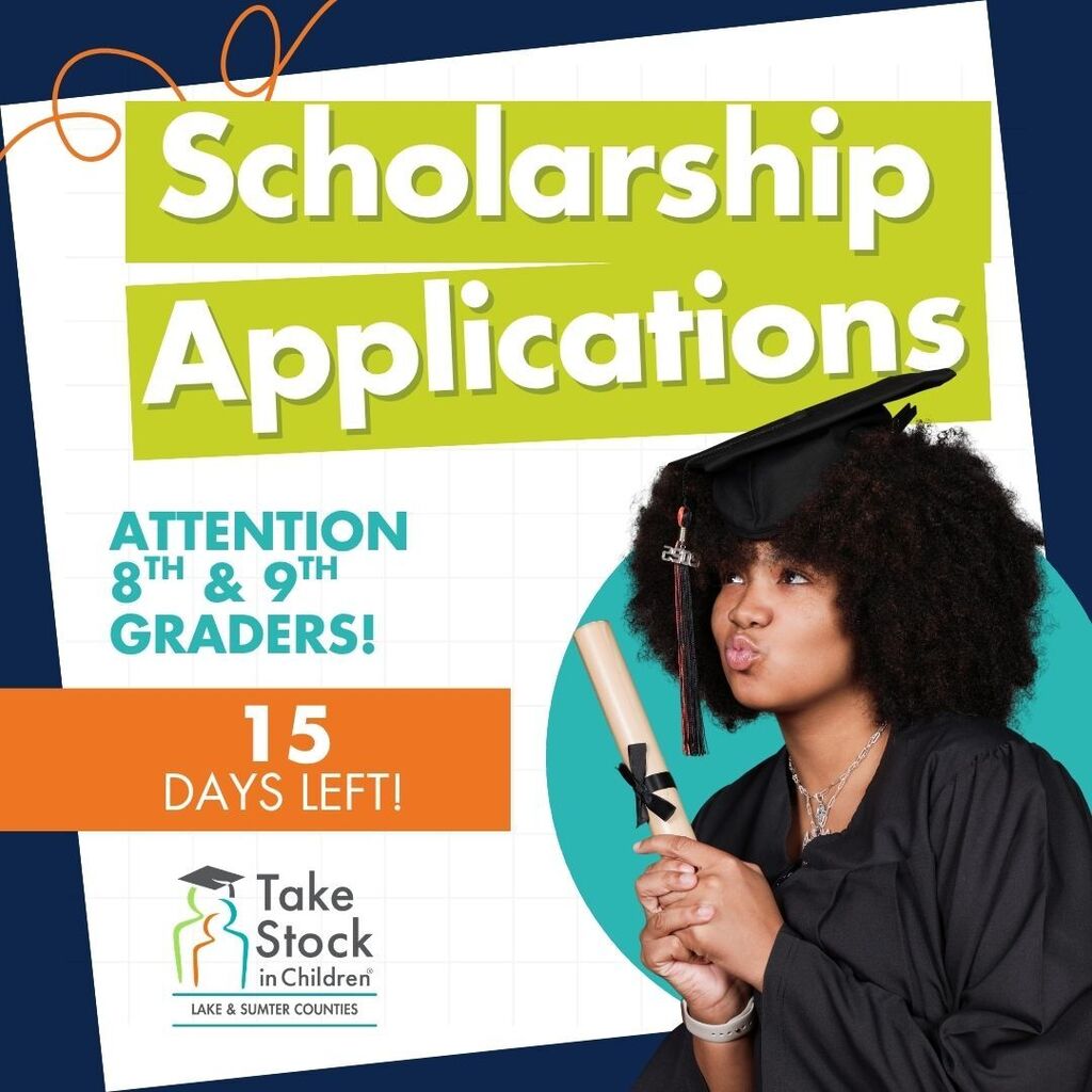 Poster with blue background. A female student wearing a graduation gown holds a diploma. Text reads "Scholarship Applications".