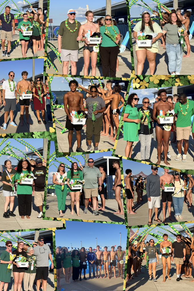 Multiple photos show people in swimwear, holding flowers. Some wear leis around their necks. Some stand on the beach.