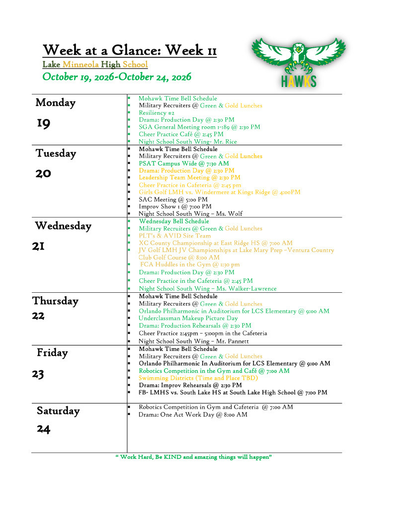 A document titled "Week at a Glance" displays dates October 19-24, 2016, for Lake Isabella High School.