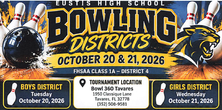 Poster shows bowling pins, a ball, and a panther. Text reads "Bowling Districts" and "October 20 & 21, 2026".