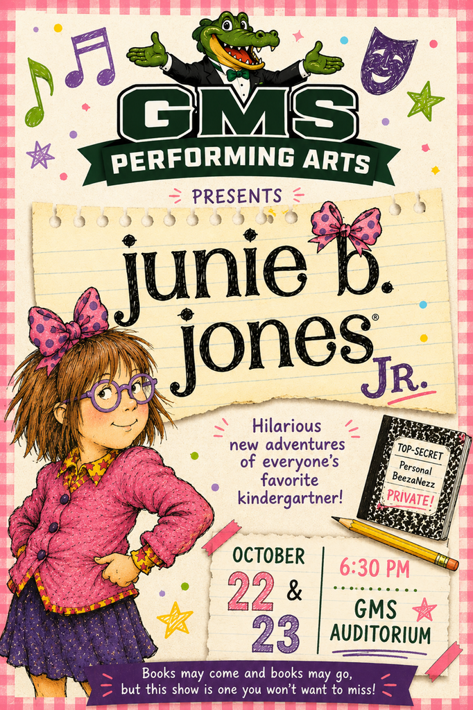 A flyer for Junie B. Jones Jr. with a girl wearing glasses, a pink coat, and a pink bow.