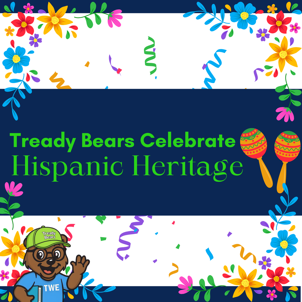 An animated bear in a cap waves. Colorful flowers, streamers, and maracas surround the text "Tready Bears Celebrate Hispanic Heritage".