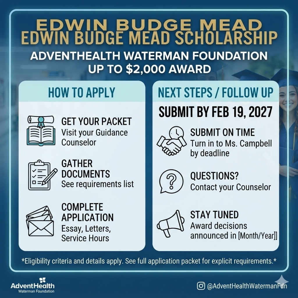 Blue background with a scholarship application guide. Left section: "How to Apply" with icons for getting a packet, gathering documents, and completing an application. Right section: "Next Steps/Follow Up" with icons for submission, questions, and staying tuned.
