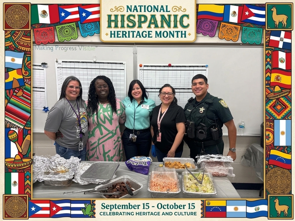 Five adults stand smiling behind a table laid out with a buffet-style luncheon featuring trays of food. The photo is framed by a decorative "National Hispanic Heritage Month" border featuring colorful flags, papel picado, and cultural symbols.