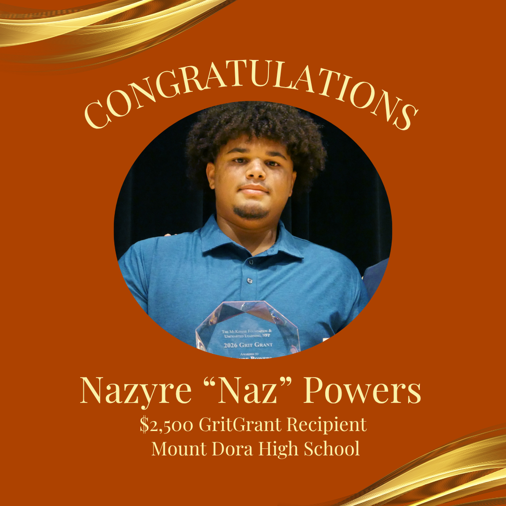 A red background displays a photo of a man holding a clear trophy. The text reads "Congratulations Nazyre 'Naz' Powers".