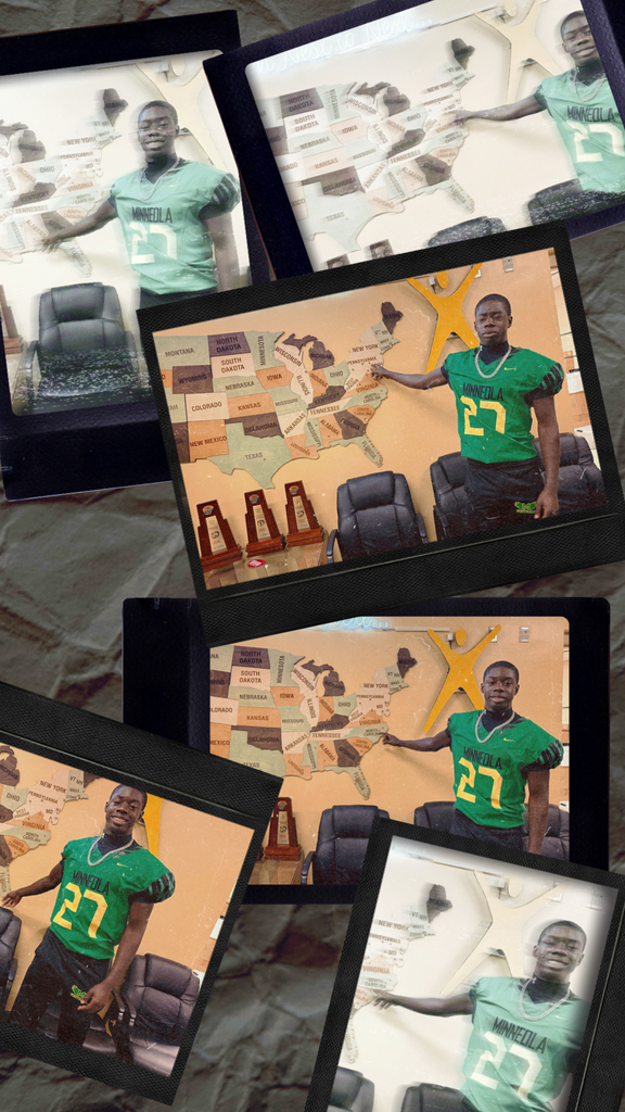 Multiple images of a man in a green football jersey with the number 27, shown from various angles. Background includes chairs, a map of the United States, and a trophy.