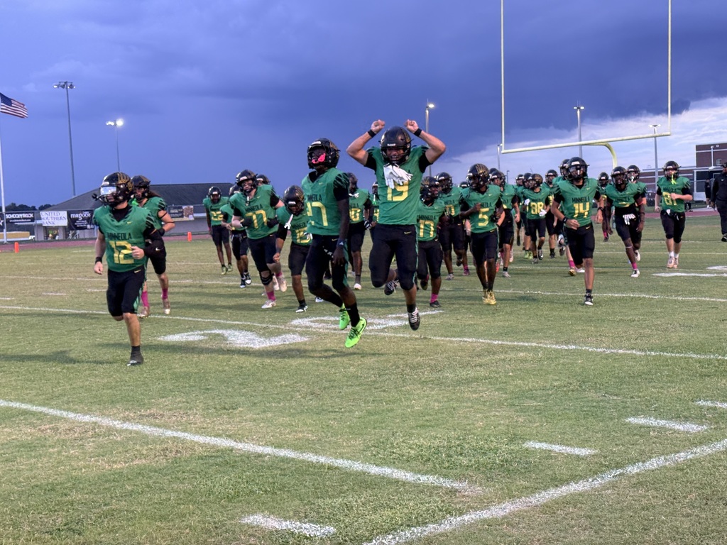 Football team in green uniforms running onto field, stadium with bleachers in background.