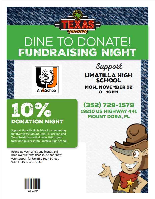 Poster with green and blue border. Text reads "Dine to Donate! Fundraising Night" above a cartoon of a smiling person.