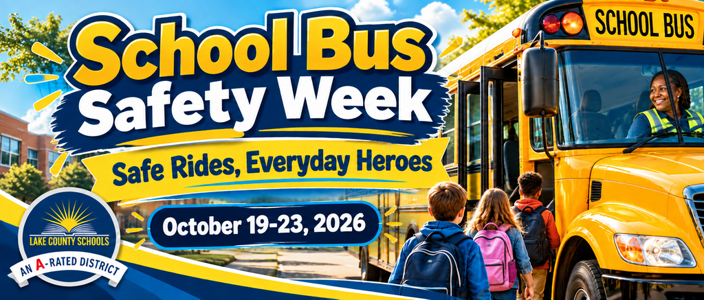 School Bus Safety Week advertisement with text, a yellow school bus, and children boarding the bus.