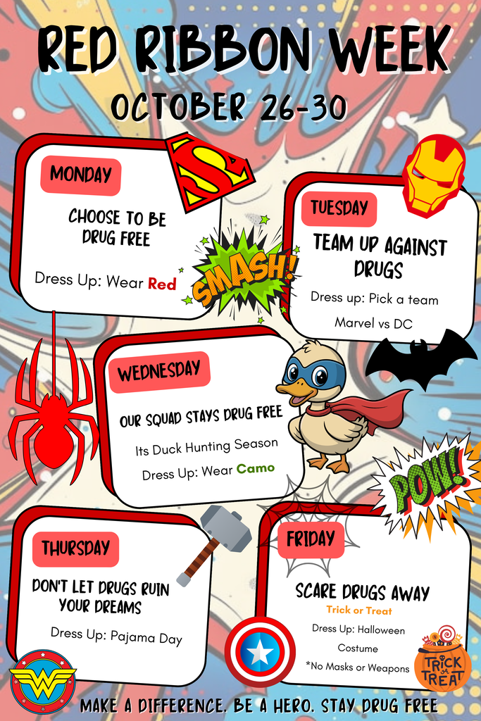 Poster for Red Ribbon Week. A calendar for October 26-30 with prompts for themed days.