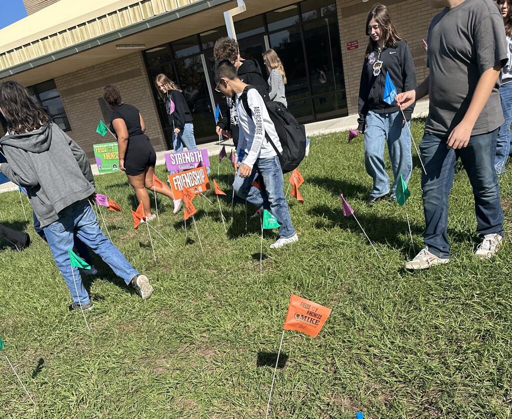 People walking in a grassy area with flags stuck in the ground in front of a building.