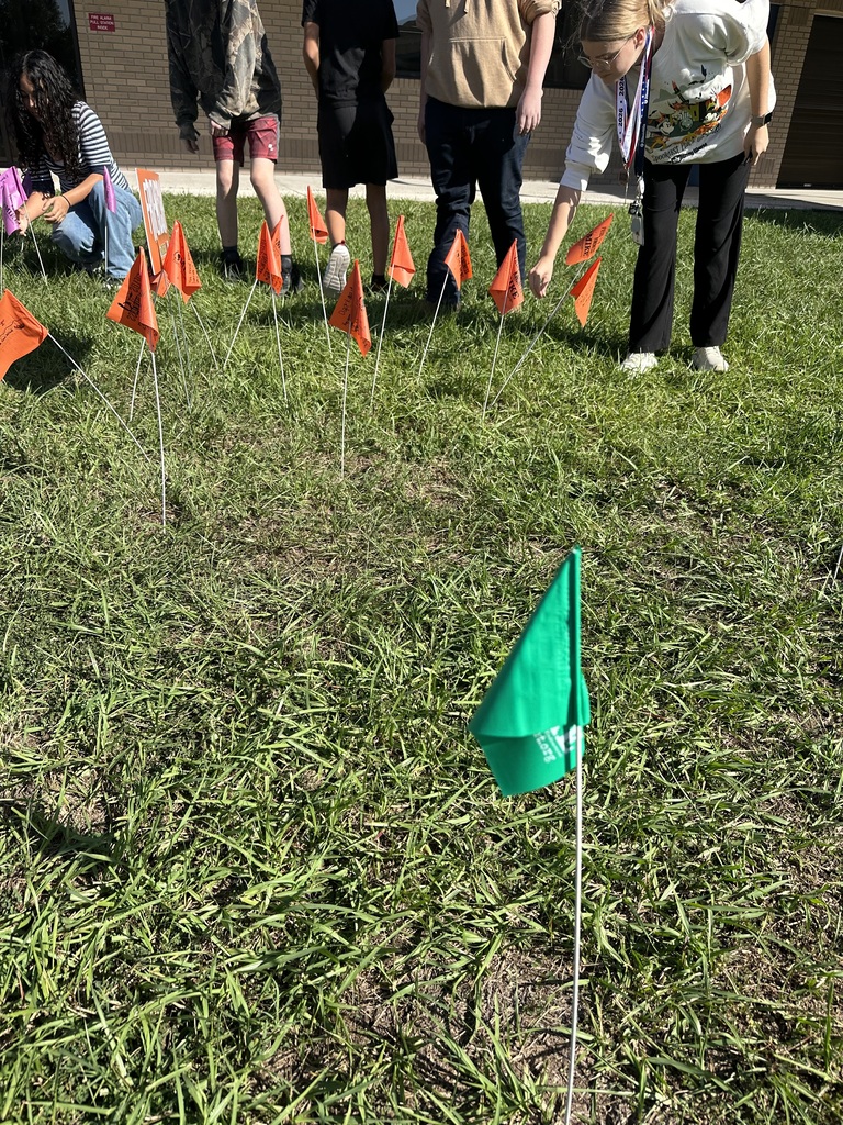 People in shorts, t-shirts, and pants with a green flag in the grass.