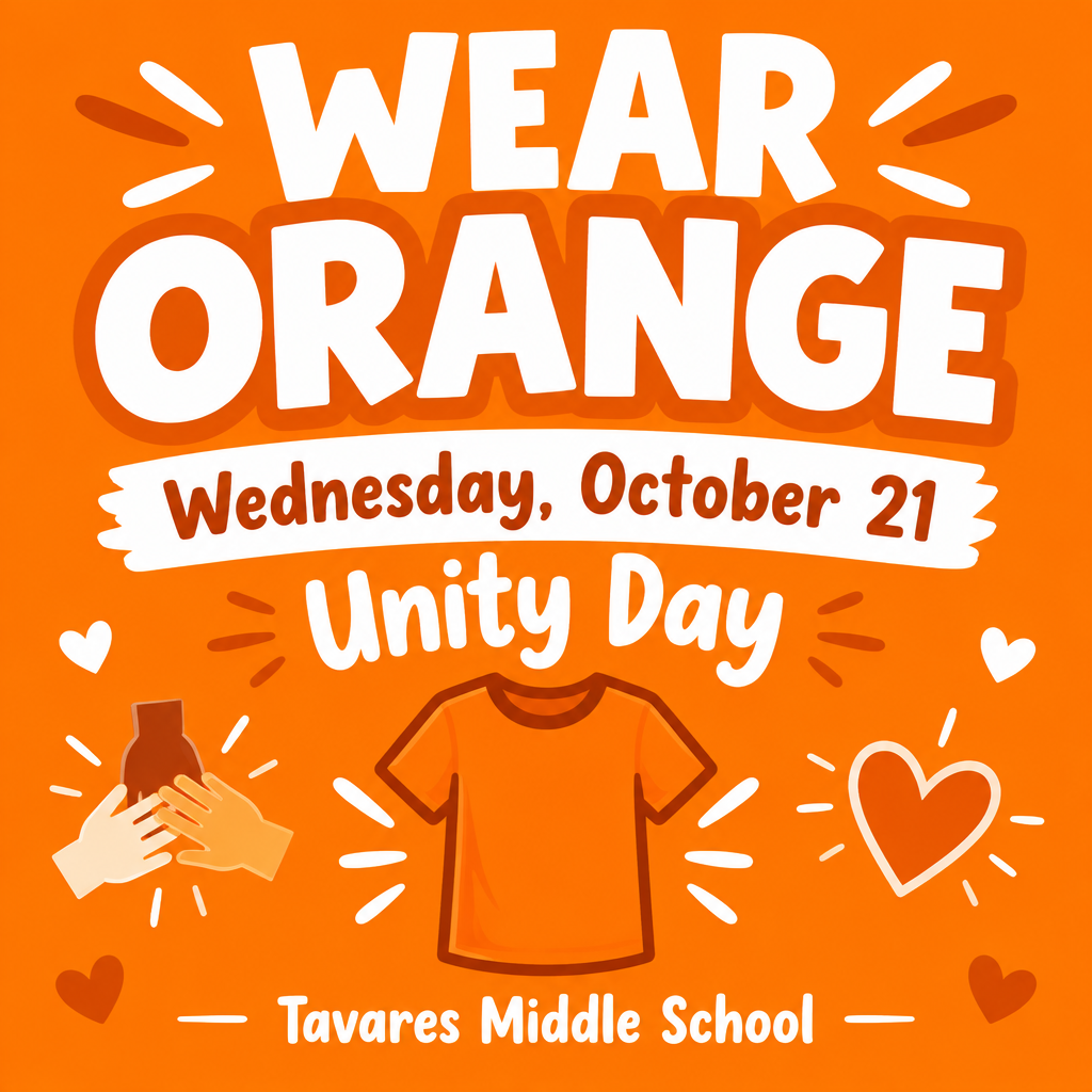 An orange poster with "Wear Orange Wednesday, October 21 Unity Day" text. Two hands hold a bottle. An orange shirt and heart symbols are on the poster.