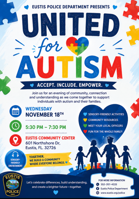 Event flyer with colorful puzzle pieces, text "United for Autism", date, time, location, and images of families.