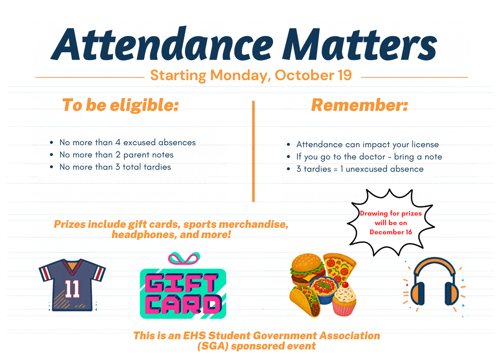 Information about eligibility for prizes including gift cards, merchandise, headphones, and more. Prizes are sponsored by EHS SGA.