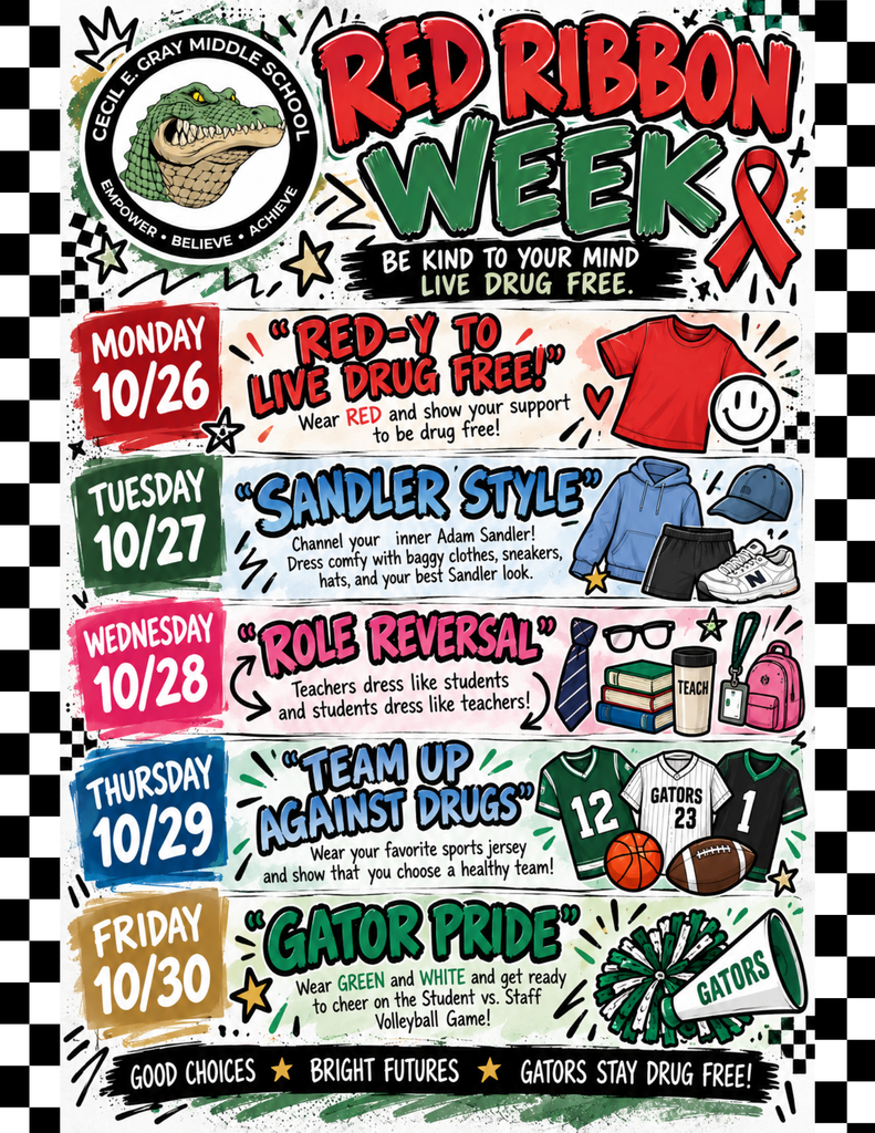 Checkered background. Text reads "Red Ribbon Week." 5 days of events, each with a theme.