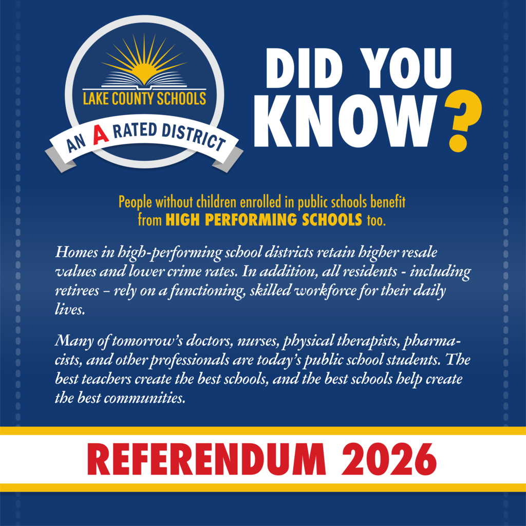 Blue and white poster with "Did You Know?" text. Logo with "Lake County Schools" and "An A Rated District" text.