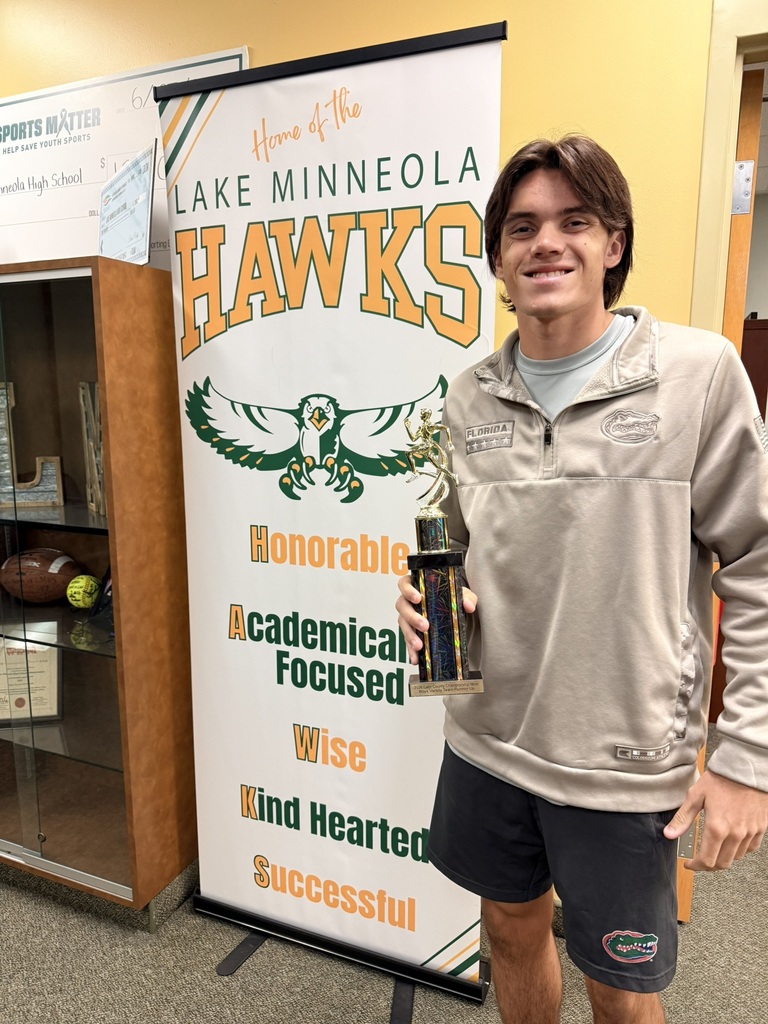 Man holding a trophy next to a sign with a hawk, basketball, football, and "Lake Minneola Hawks"