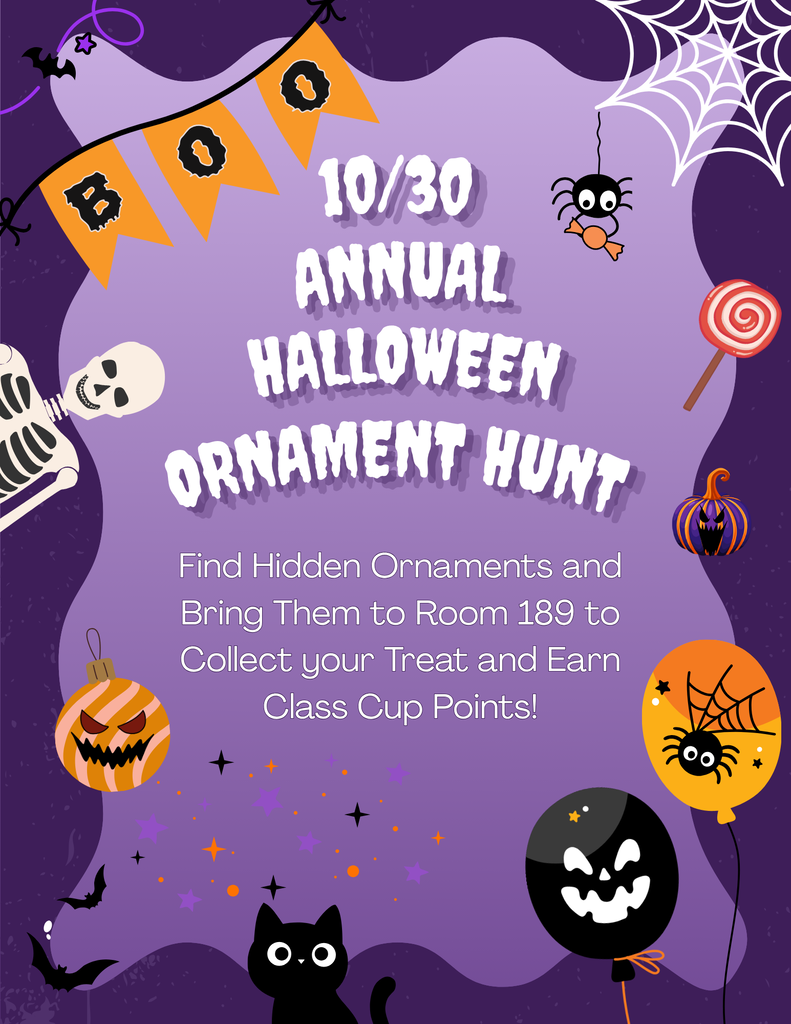 Purple banner with Halloween theme. Orange banner with white letters. Pumpkins, balloons, candy, and spiders. Black cat.