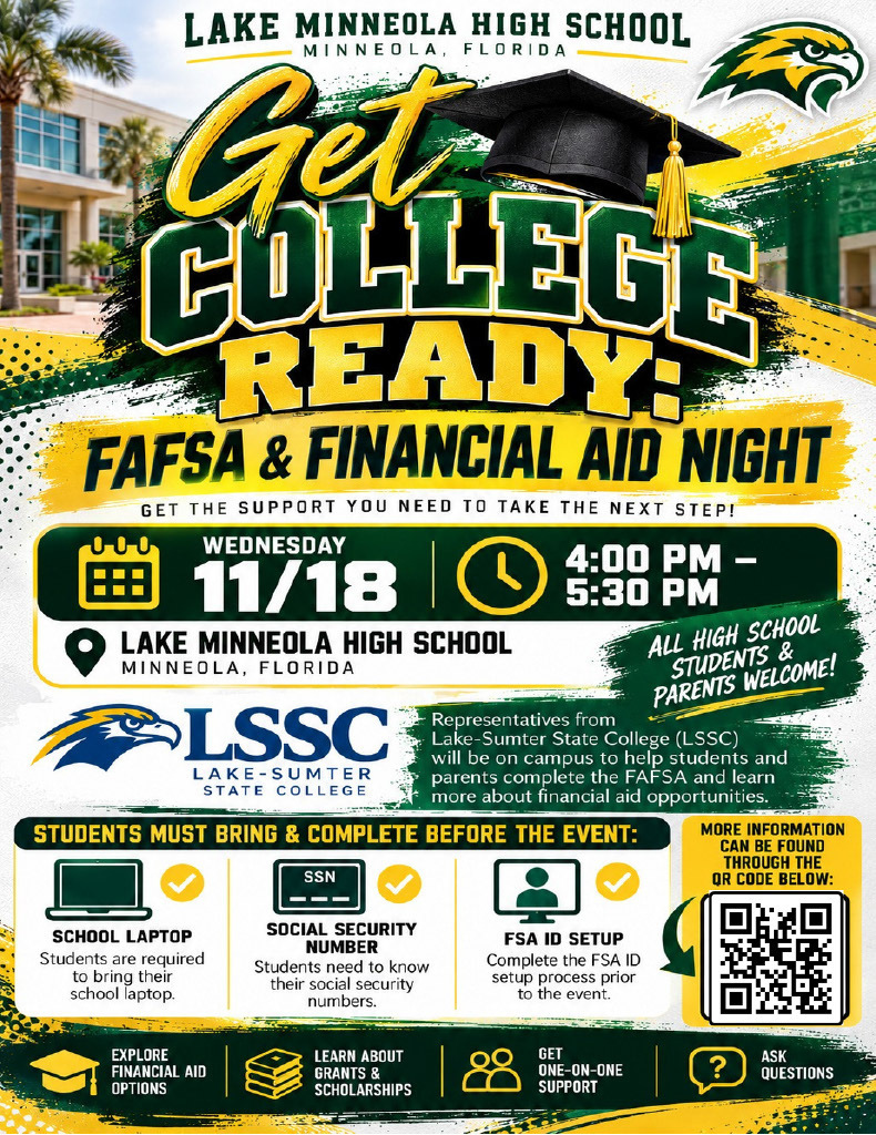 Banner with black background, white text, and a green graduation cap graphic. Information on FAFSA and financial aid night.