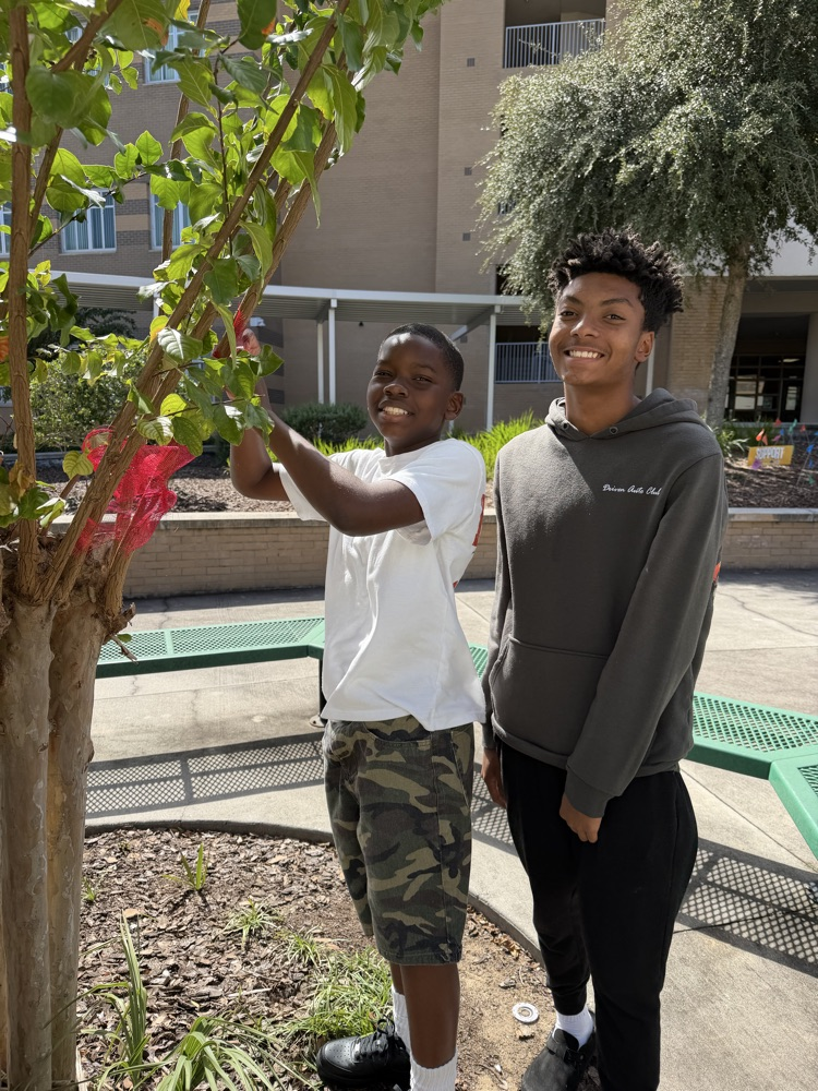 Two boys stand next to a tree, one holding a branch. A building with windows and a tree in the background.