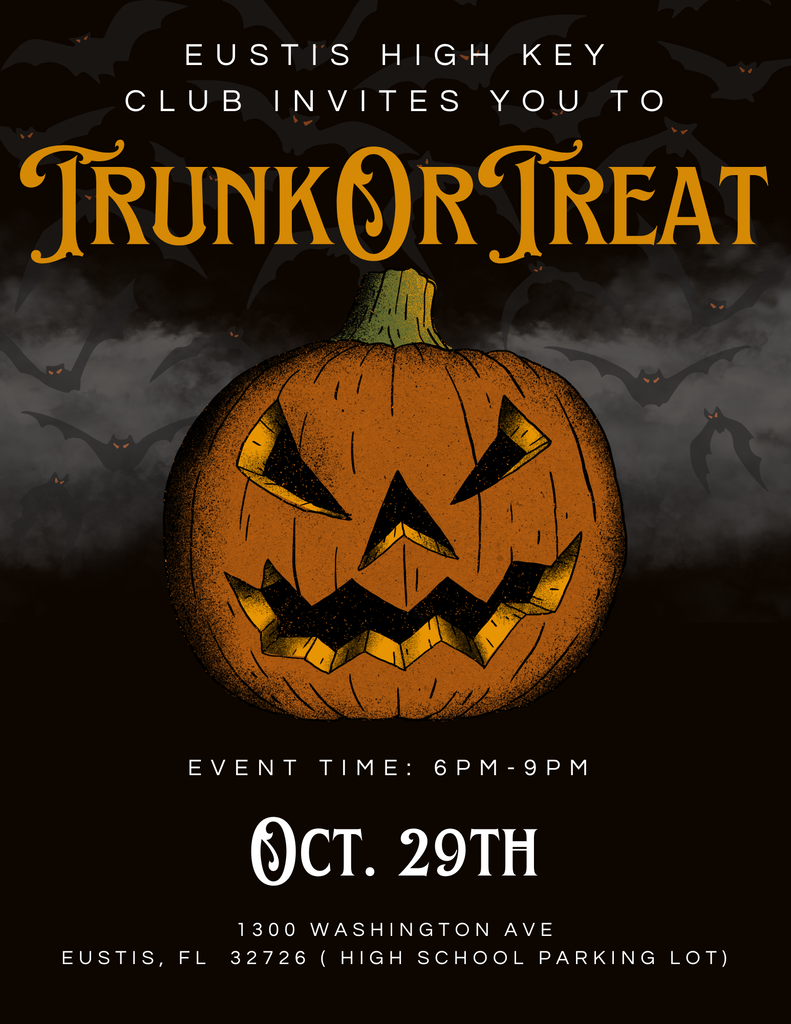 A Halloween poster displays a carved pumpkin with a scary face. Bats fly around it. Date and time are listed below.