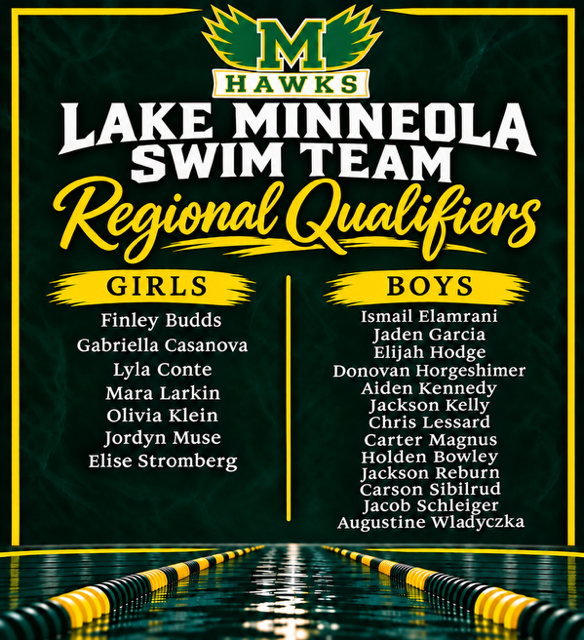 Green and black poster lists Lake Minneola Swim Team regional qualifiers; girls' and boys' names in yellow text.