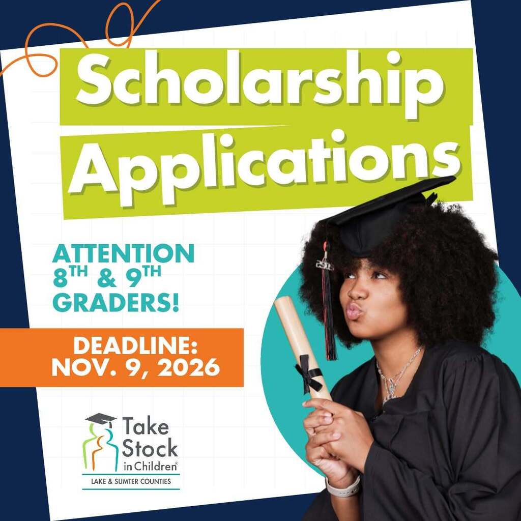 Advertisement with "Scholarship Applications" text. Woman in cap and gown holding a diploma. Text reads "Attention 8th & 9th graders".